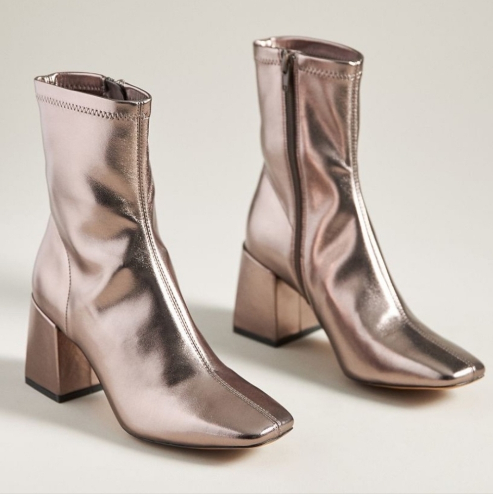 SILENT D CARINA HEELED ANKLE BOOTS PEWTER STRETCH PU